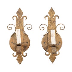 Pair of French Iron Fleur-de-Lys Sconces in Gold Tones