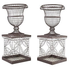 Pair of French Iron Garden Topiary Jardinaire Urns on Stands