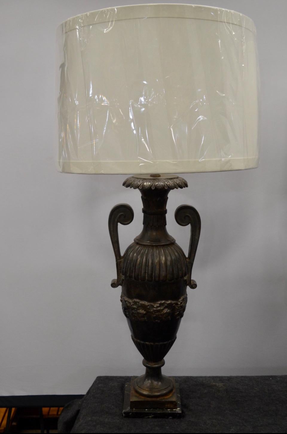 Pair of French Iron Neo-Classical Double Handle Urn Lamps on Marble Bases 8