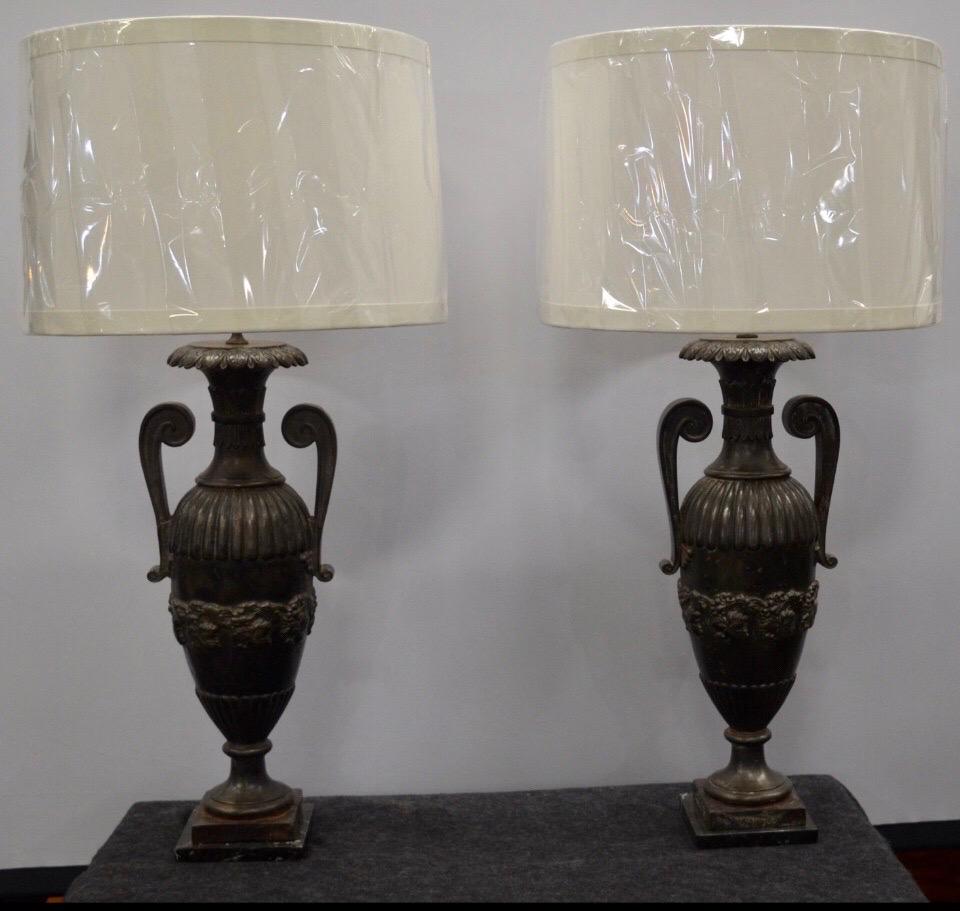 Pair of French Iron Neo-Classical Double Handle Urn Lamps on Marble Bases 10