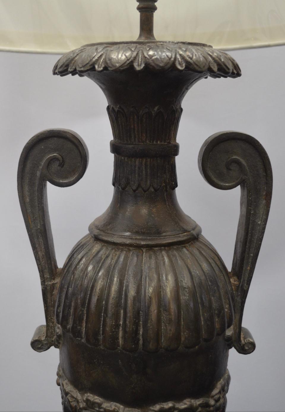 20th Century Pair of French Iron Neo-Classical Double Handle Urn Lamps on Marble Bases