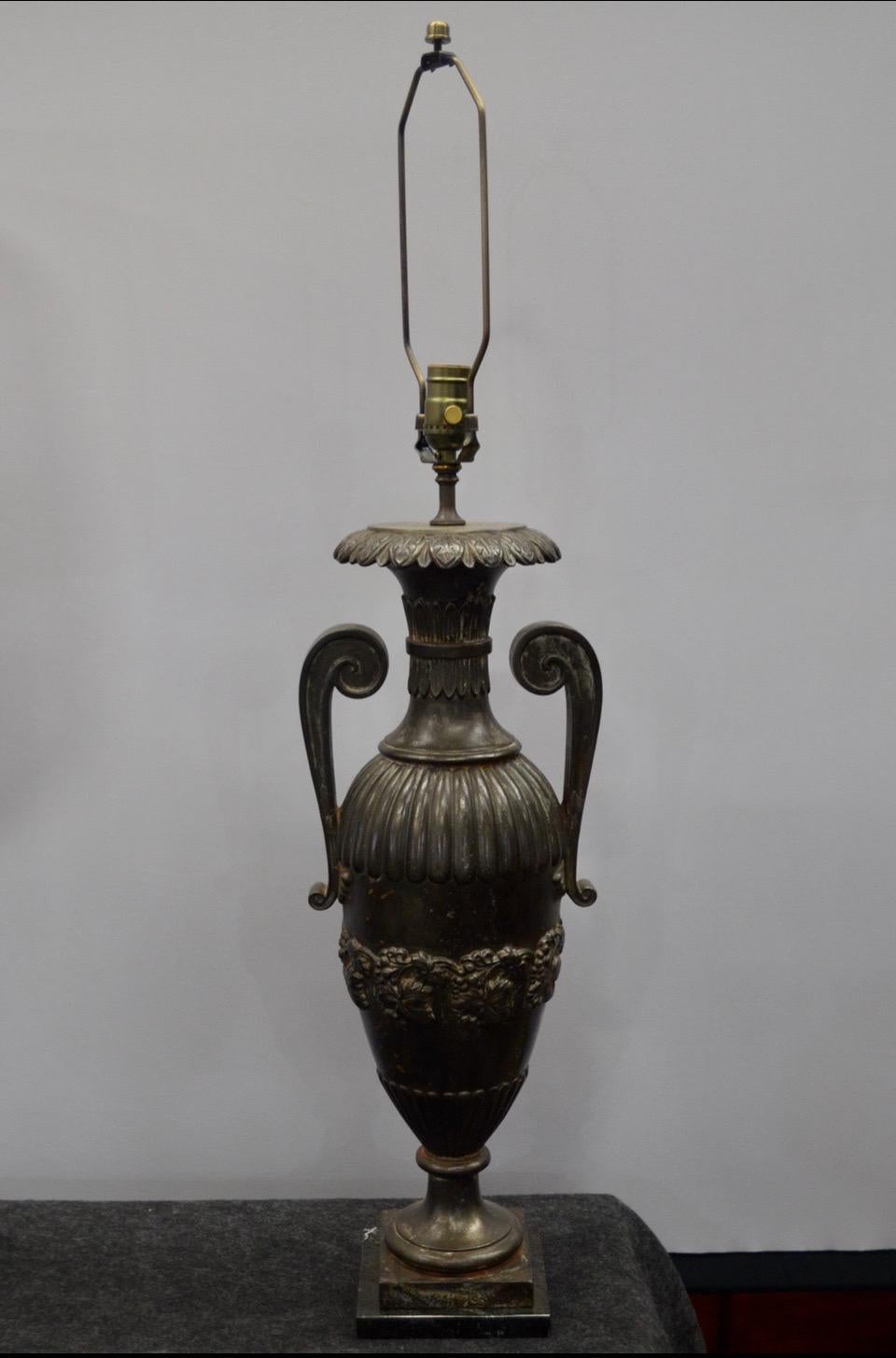 Pair of French Iron Neo-Classical Double Handle Urn Lamps on Marble Bases 2