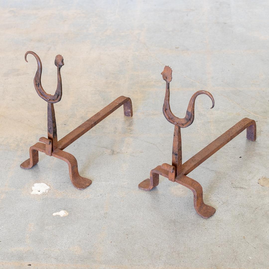 Pair of French Iron Rooster Andirons by Atelier Marolles In Good Condition For Sale In Los Angeles, CA
