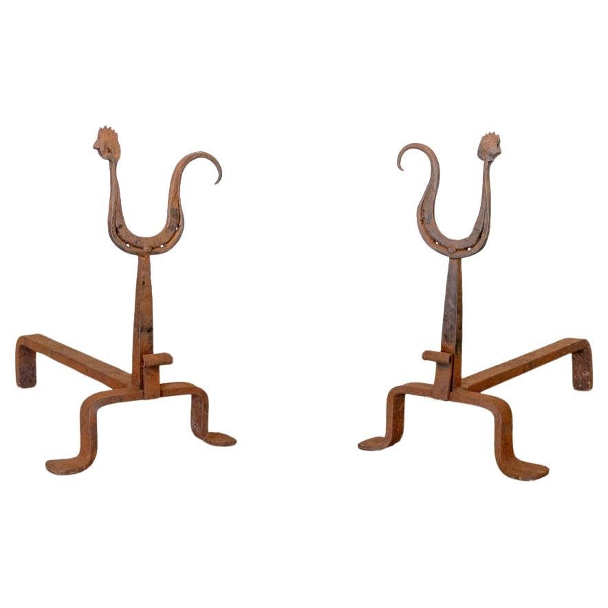 Pair of French Iron Rooster Andirons by Atelier Marolles For Sale