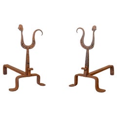 Pair of French Iron Rooster Andirons by Atelier Marolles