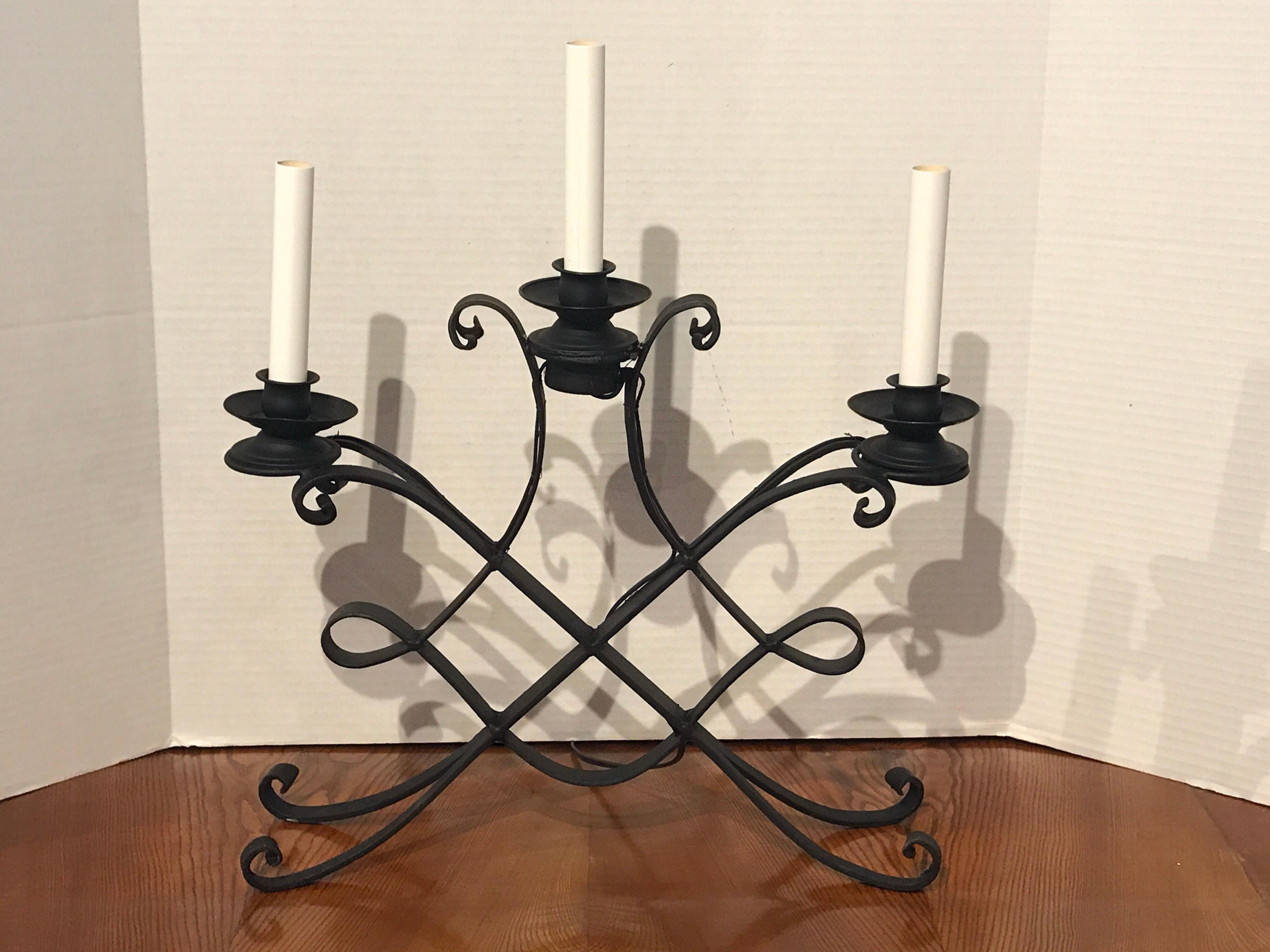 Pair of French  Modern Iron Three Light Lamps In Good Condition For Sale In Atlanta, GA