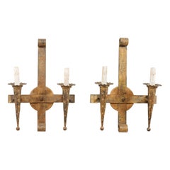Pair of French Iron Two-Light Torch Style Sconces in Gold, Mid-20th Century