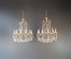Pair of French Italian Crystal Chandeliers Brass Rococo Style Restored Antique