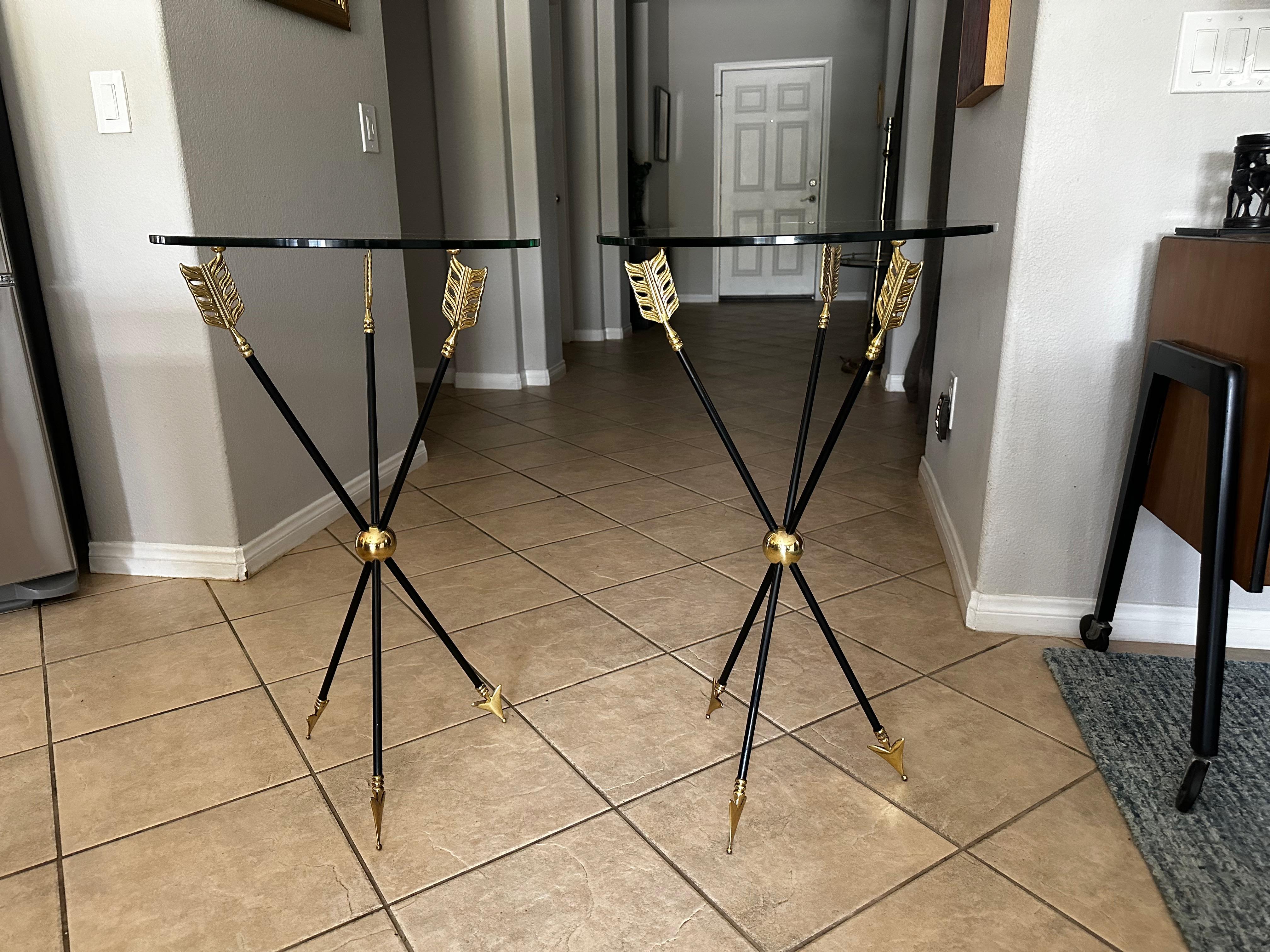 Pair of Maison Jansen French Directoire style solid brass arrow motif side tables with new round 3/8