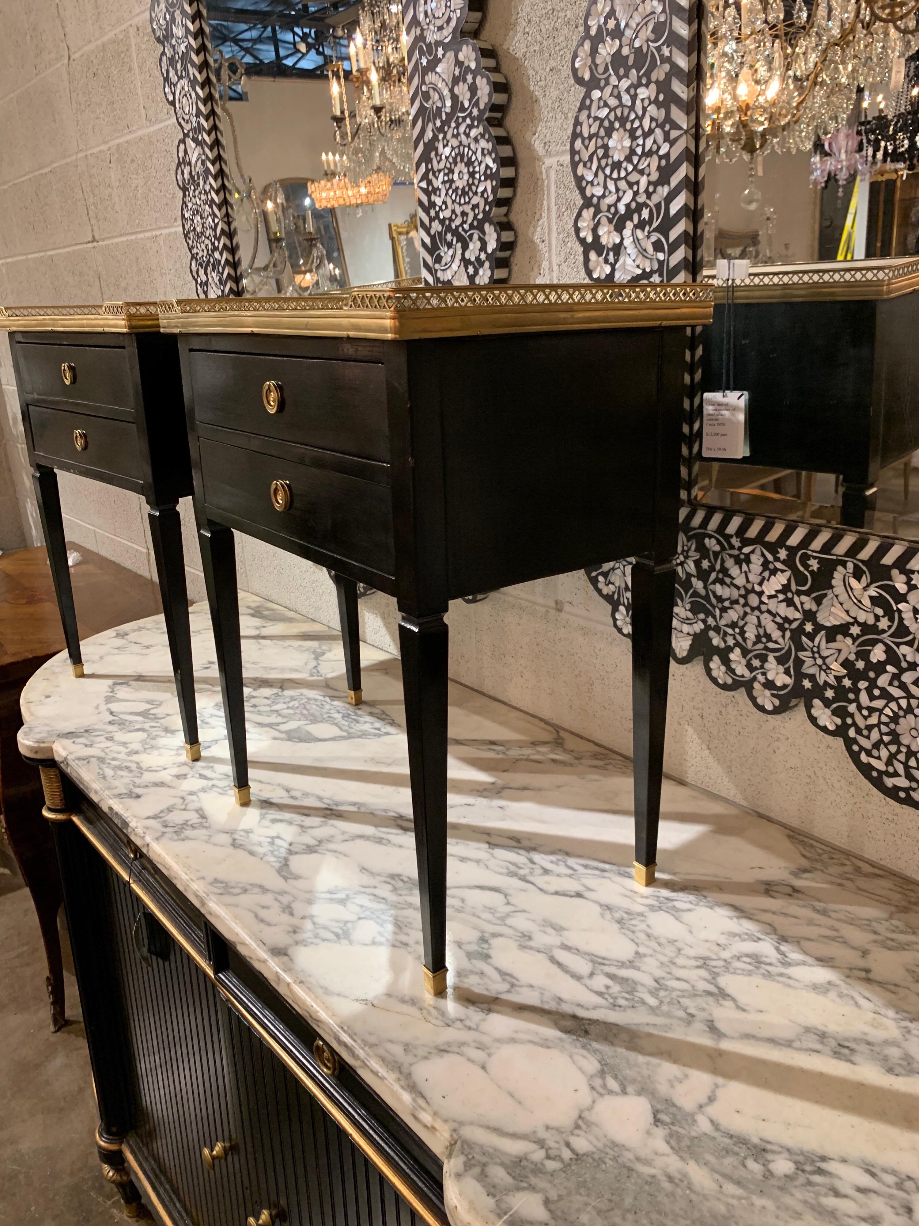 Pair of French Jansen Style Black Lacquered Side Tables with Carrara Marble Tops In Good Condition In Dallas, TX