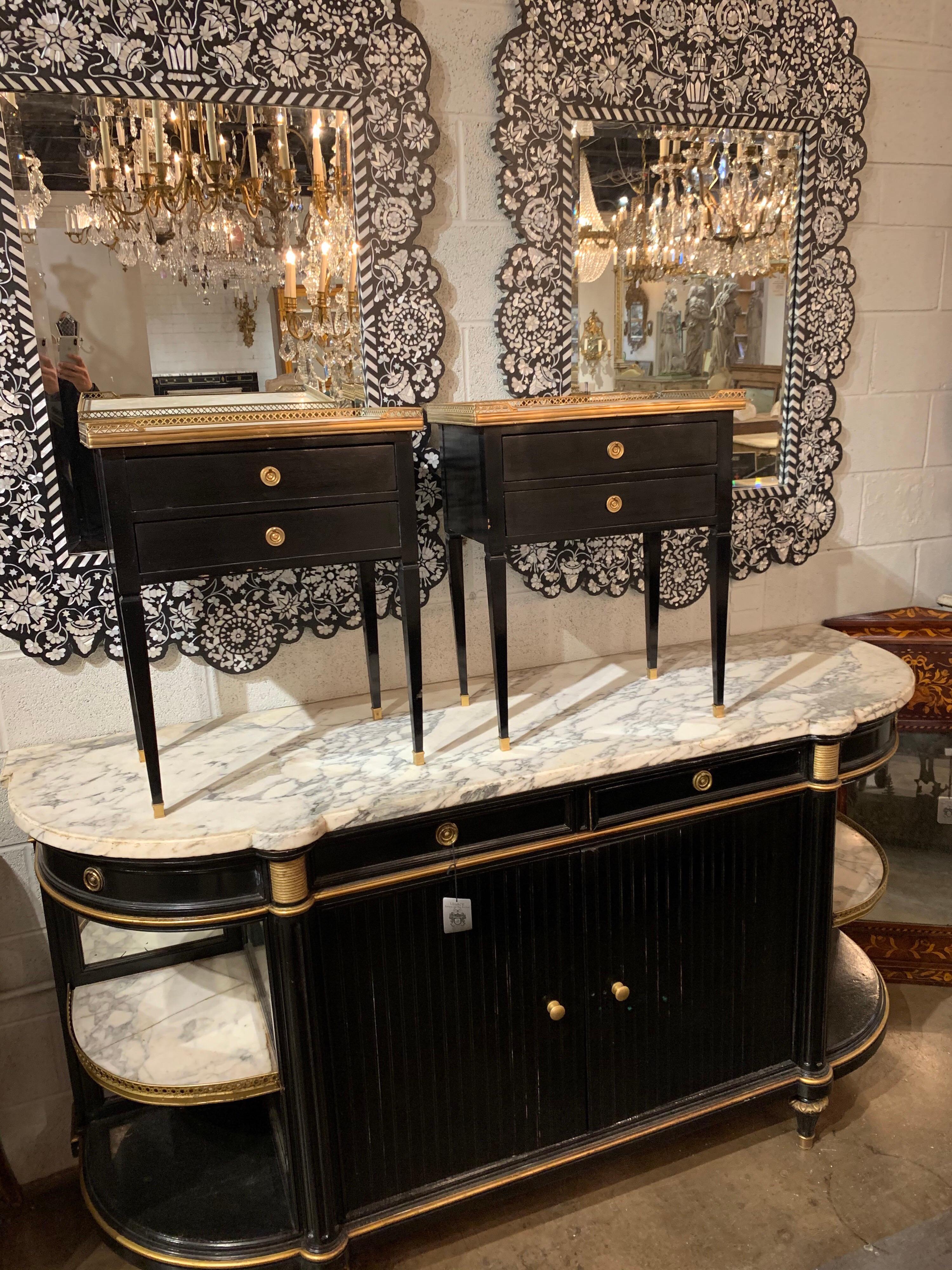 Pair of French Jansen Style Black Lacquered Side Tables with Carrara Marble Tops 3