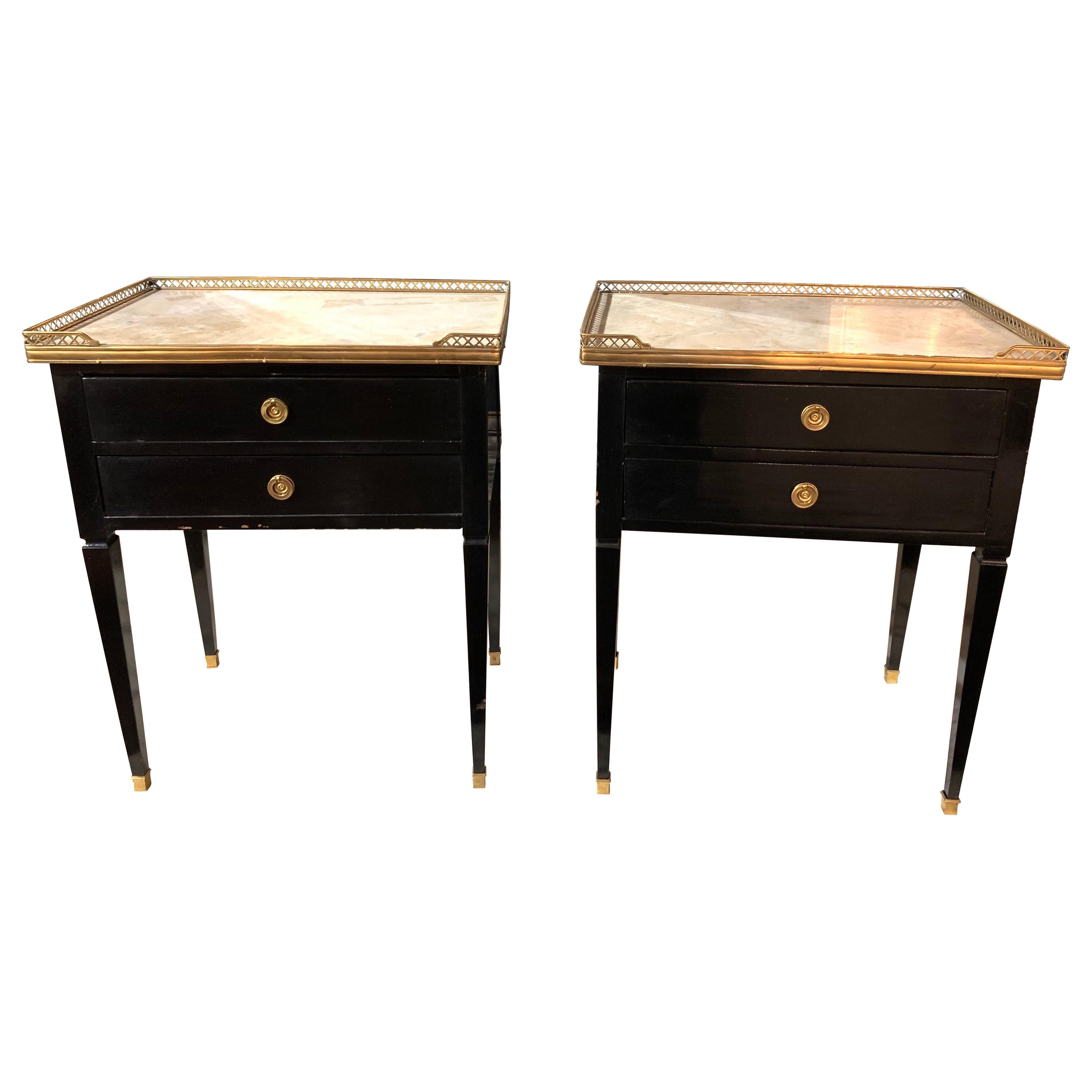Pair of French Jansen Style Black Lacquered Side Tables with Carrara Marble Tops