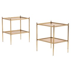 Pair of French Jansen Style Brass and Glass Side Tables C. 1950
