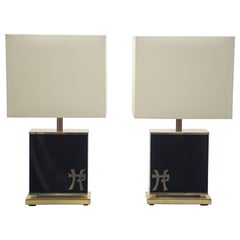 Pair of French J.C. Mahey Black Lacquer and Brass Table Lamps, 1970s