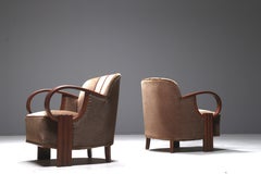 Pair of French Jean Pascaud Style Art Deco Club Chairs in Oak and Velvet, 1930s