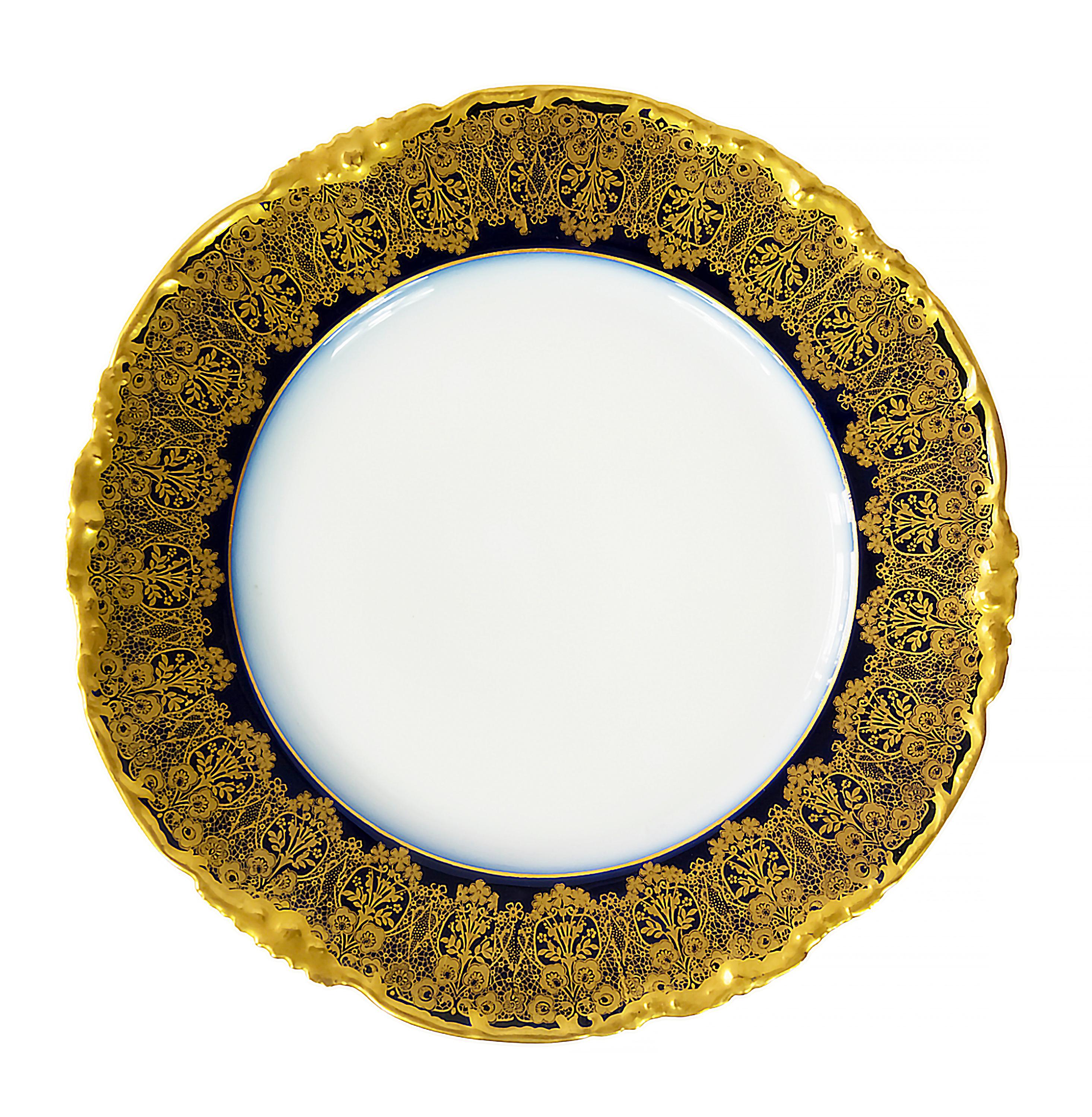 Pair of French Jean Pouyat for Limoges Plates in Cobalt Blue/Gold Decor In Good Condition In Vilnius, LT