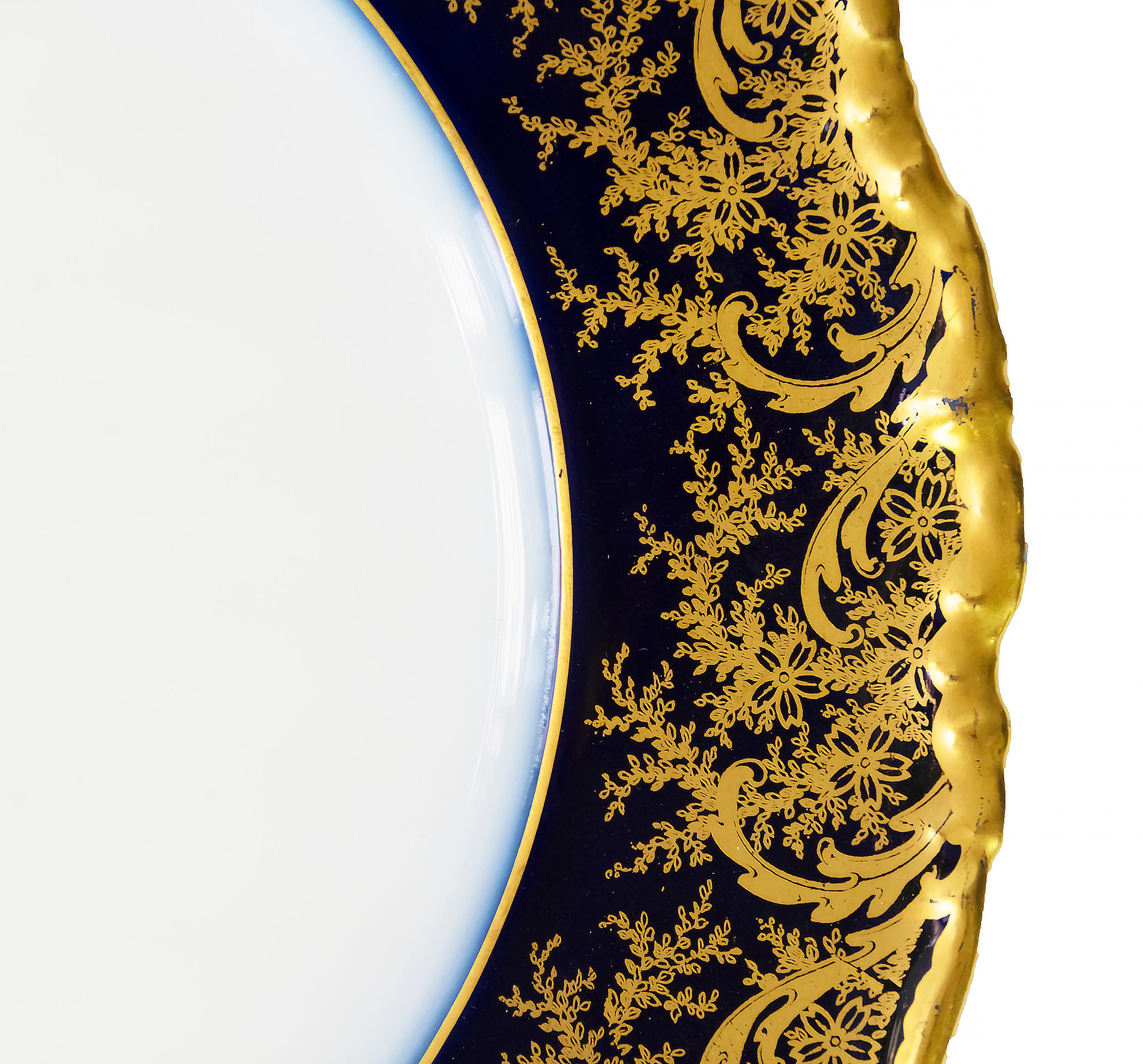 Pair of French Jean Pouyat for Limoges Plates in Cobalt Blue/Gold Decor 1