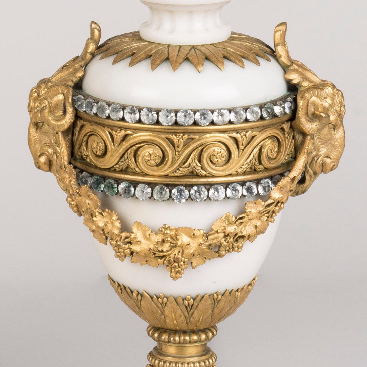 Louis XVI Pair of French Jewelled White Marble and Gilt Bronze Mounted Table Lamps For Sale