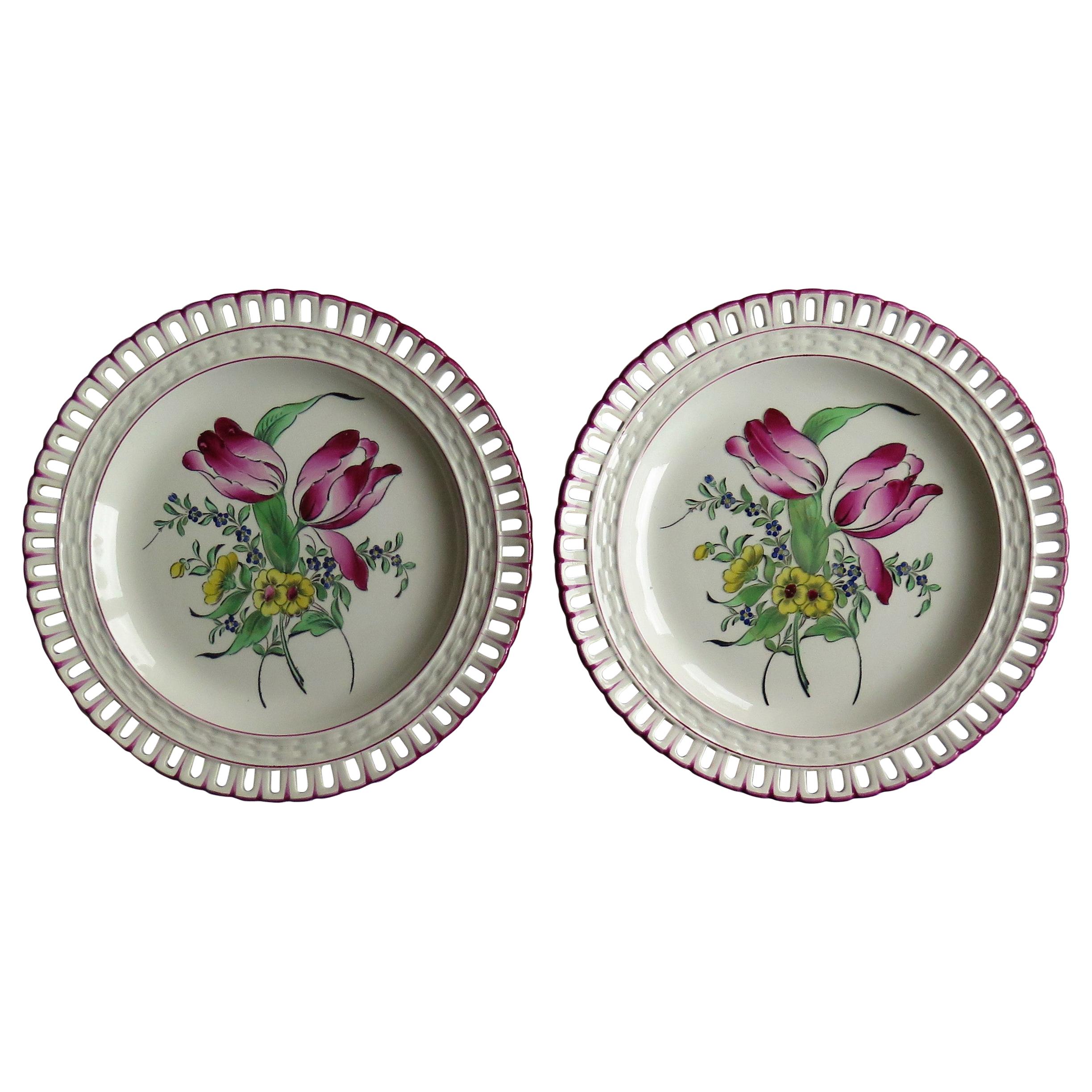 PAIR of French K&G Luneville Faience Plates Hand Painted Flowers, circa 1895 For Sale