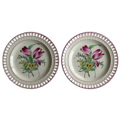 Antique PAIR of French K&G Luneville Faience Plates Hand Painted Flowers, circa 1895