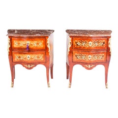 Antique Pair of French Kingwood Marquetry Bombe Commodes Bedside Chests, 19th Century