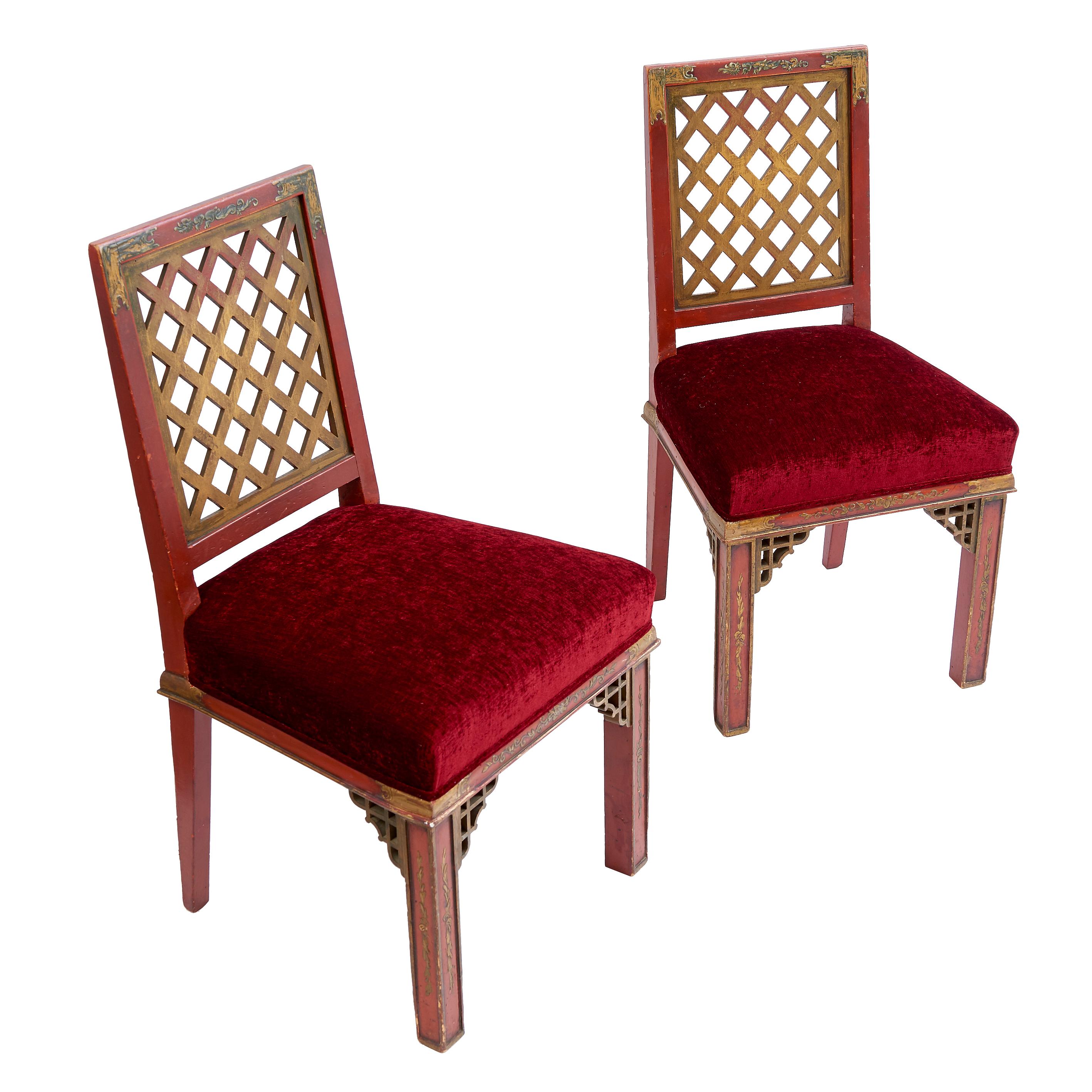 Pair of French Lacquer Chinoiserie Side Chairs, Maison Jansen, circa 1950s For Sale