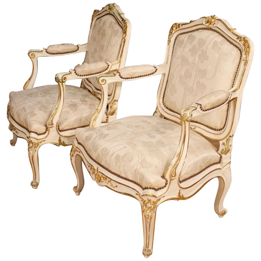 Pair of French Lacquered and Gilded Armchairs, 20th Century For Sale