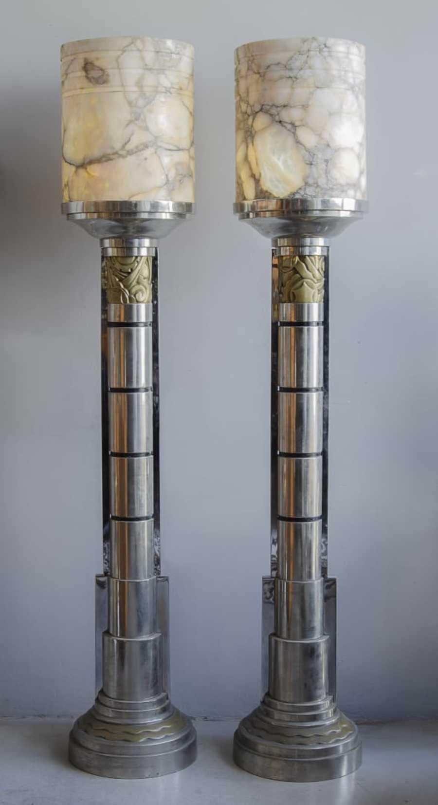 Early 20th Century Pair of French Lamps 'Alabaster and Bronzes' Art Deco