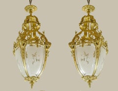 Pair of 20th Century French Gilt Bronze and Glass Farole-Like Ceiling Lamps