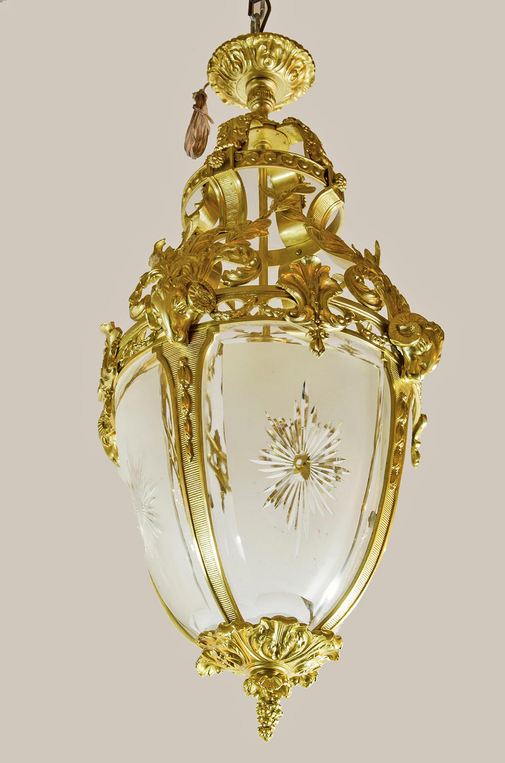 Louis XVI Pair of 20th Century French Gilt Bronze and Glass Farole-Like Ceiling Lamps For Sale