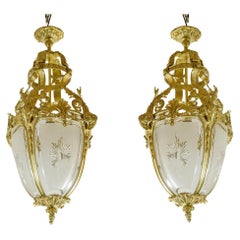 Pair of 20th Century French Gilt Bronze and Glass Farole-Like Ceiling Lamps