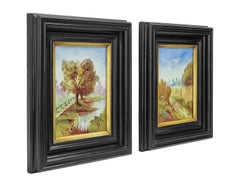 Coppia di paesaggi francesi dipinti su ceramica, 1880 circa