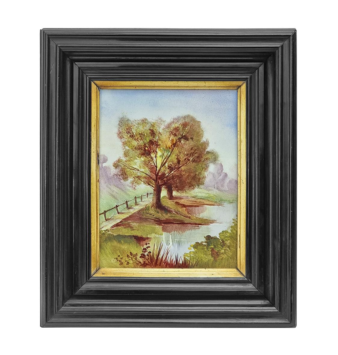 Pareja de paisajes franceses pintados sobre cerámica, hacia 1880 Napoleón III en venta