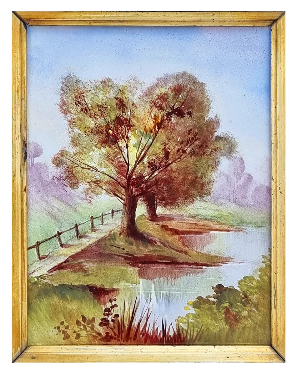 Pareja de paisajes franceses pintados sobre cerámica, hacia 1880 Pintado en venta