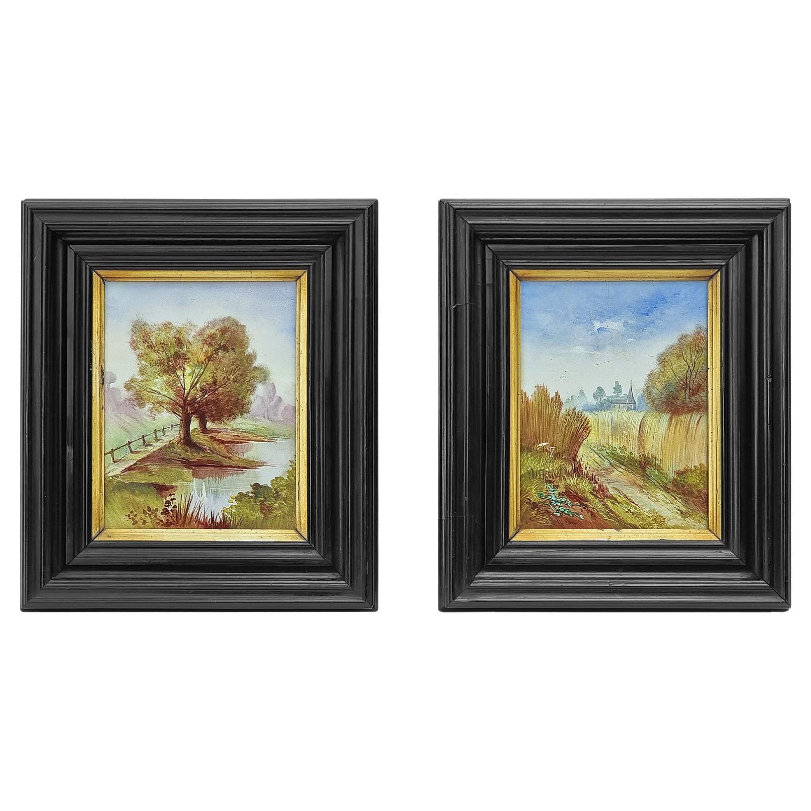 Paire de paysages français peints sur céramique, vers 1880