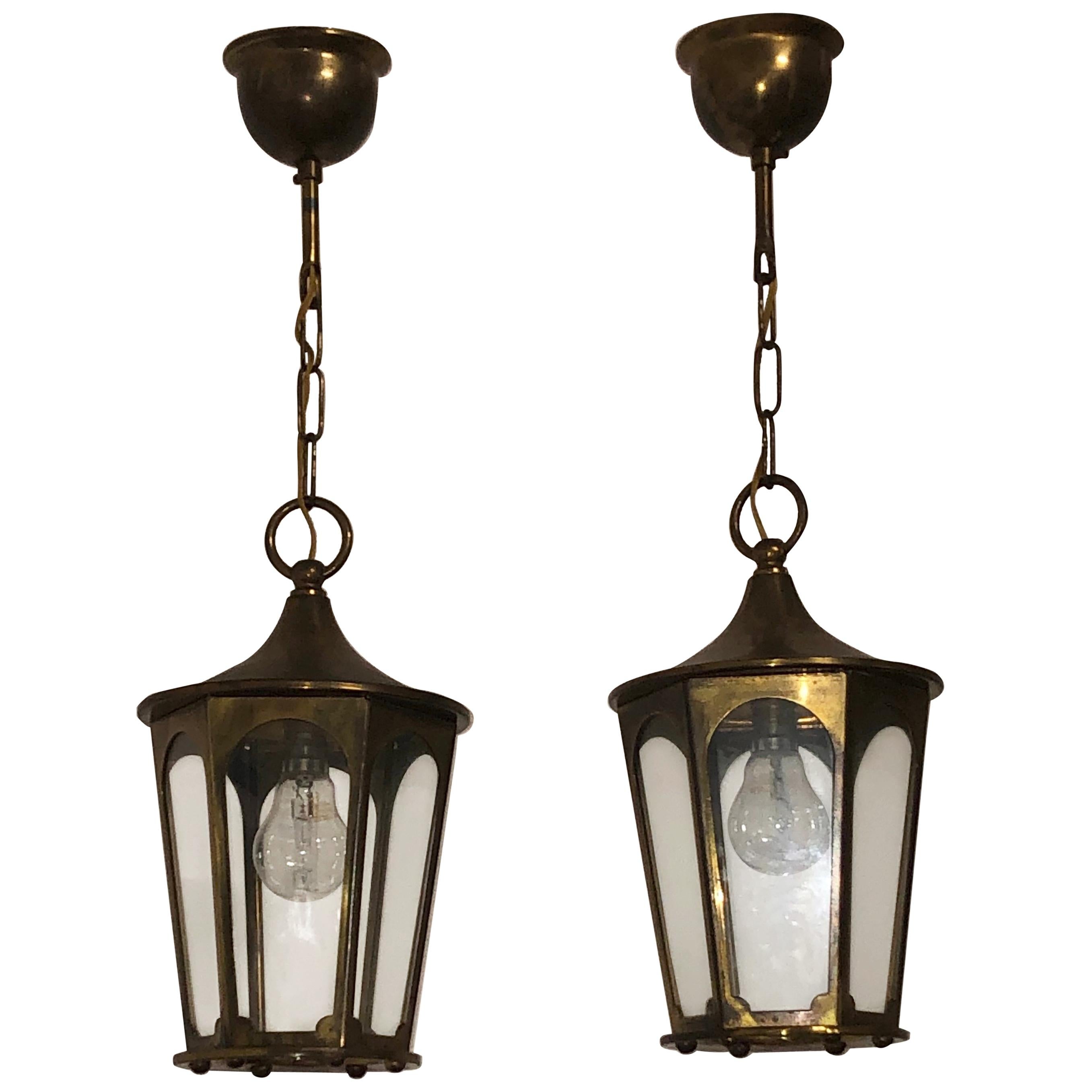 Pair of French Lanterns, Brass and Glass, France, circa 1950s