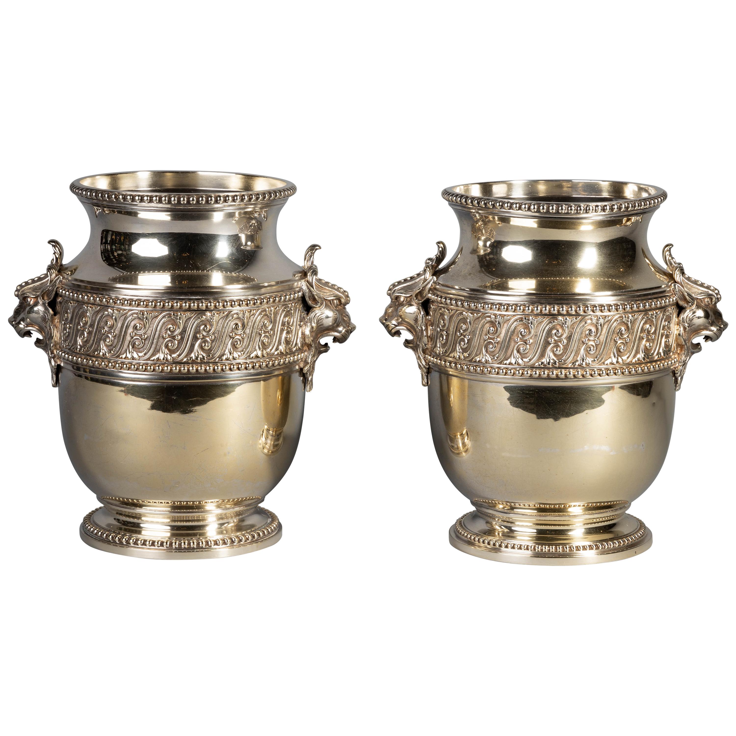 Pair of French Large Gilt Metal Wine Coolers, circa 1890 For Sale