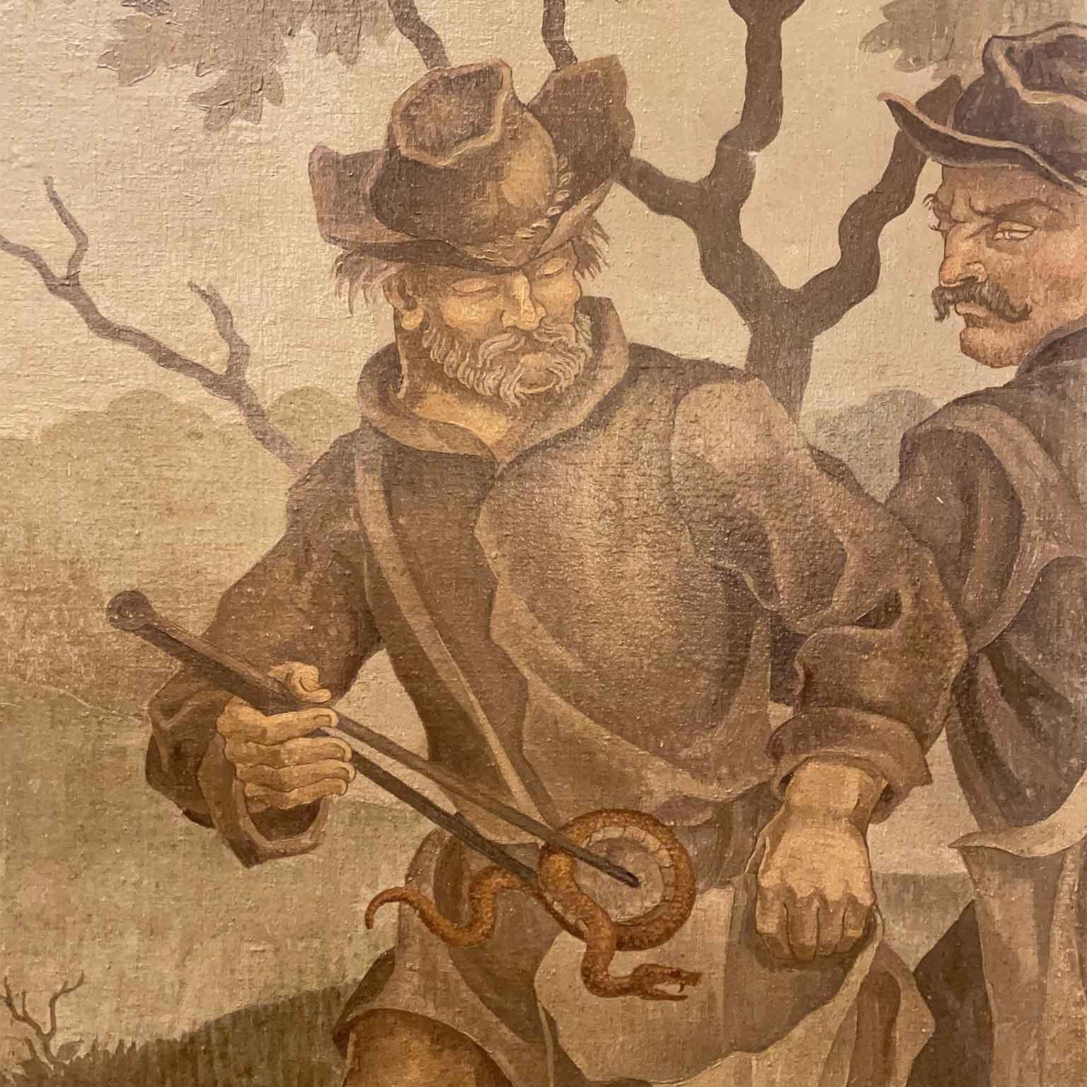 Pair of French Large Paintings Depicting Pharmacist and Snake Hunters Dated 1945 For Sale 3