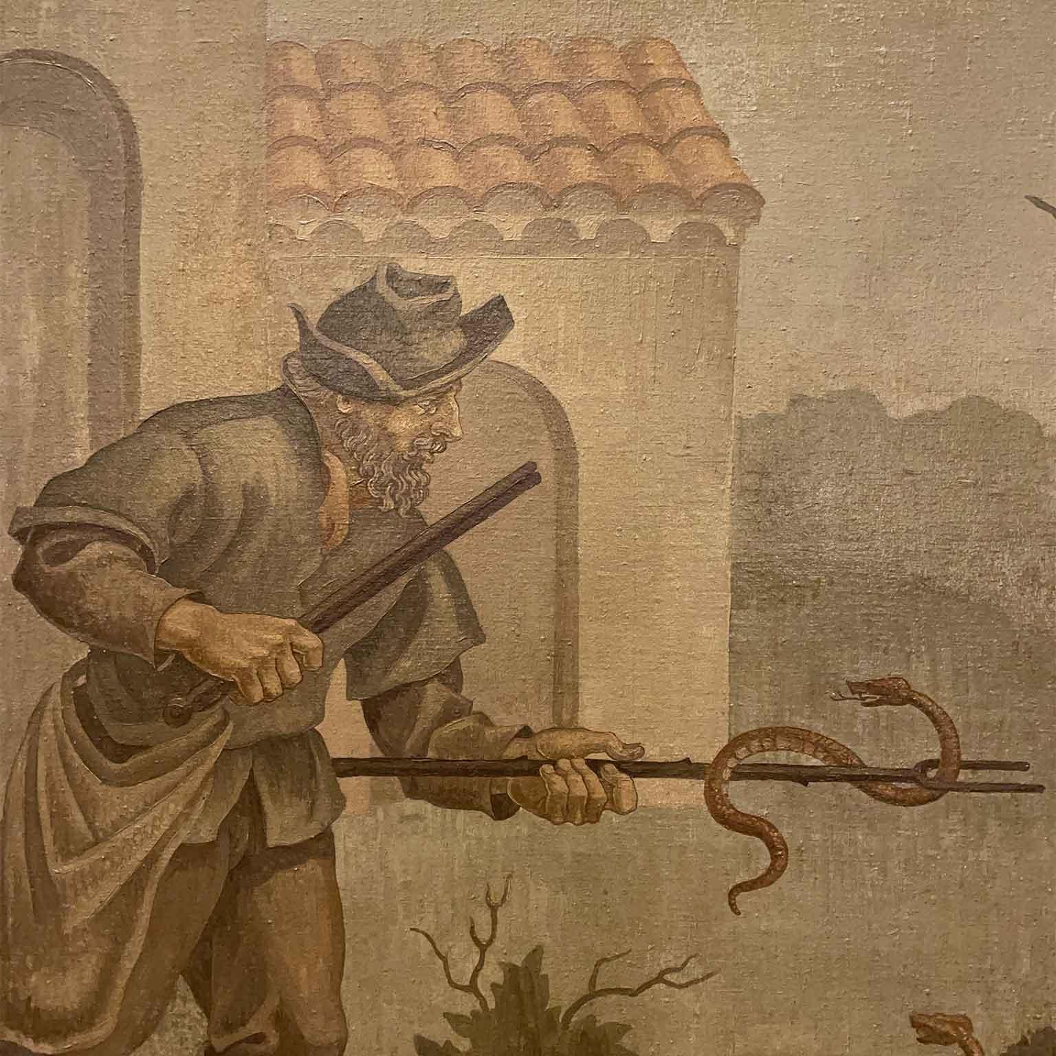 Pair of French Large Paintings Depicting Pharmacist and Snake Hunters Dated 1945 For Sale 4
