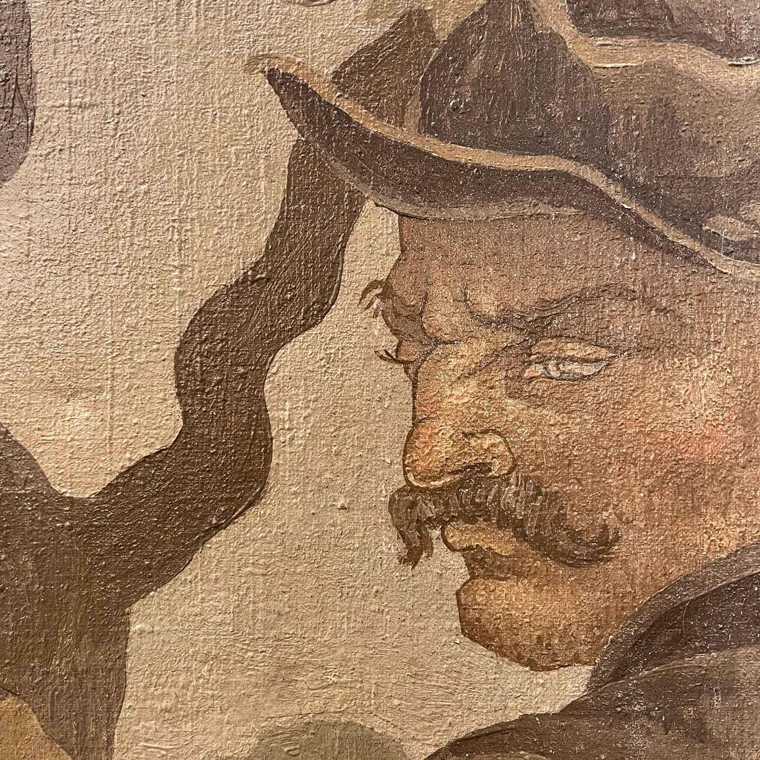 Pair of French Large Paintings Depicting Pharmacist and Snake Hunters Dated 1945 For Sale 7