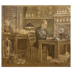 Coppia di grandi dipinti francesi raffiguranti un farmacista e dei cacciatori di serpenti datati 1945