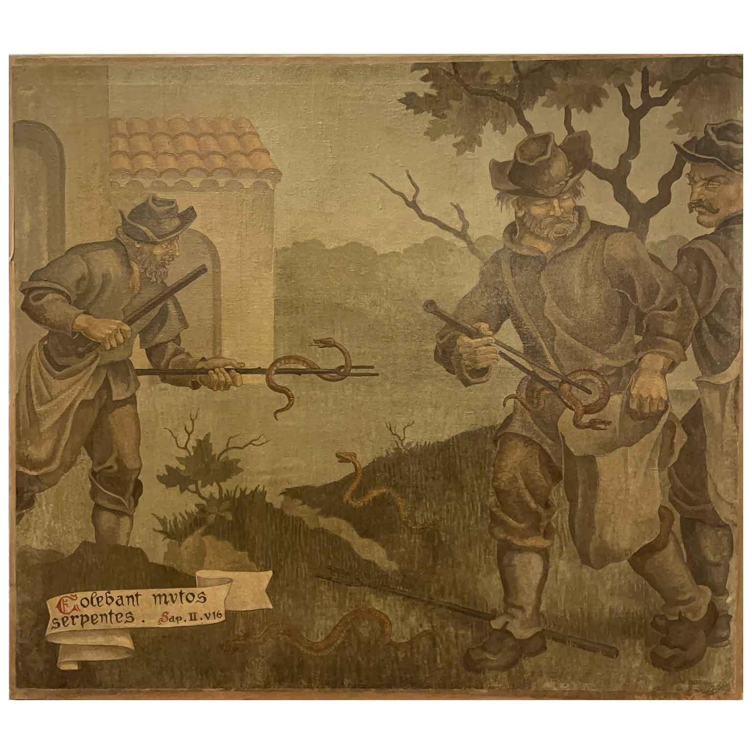 Pair of French Large Paintings Depicting Pharmacist and Snake Hunters Dated 1945 For Sale 2