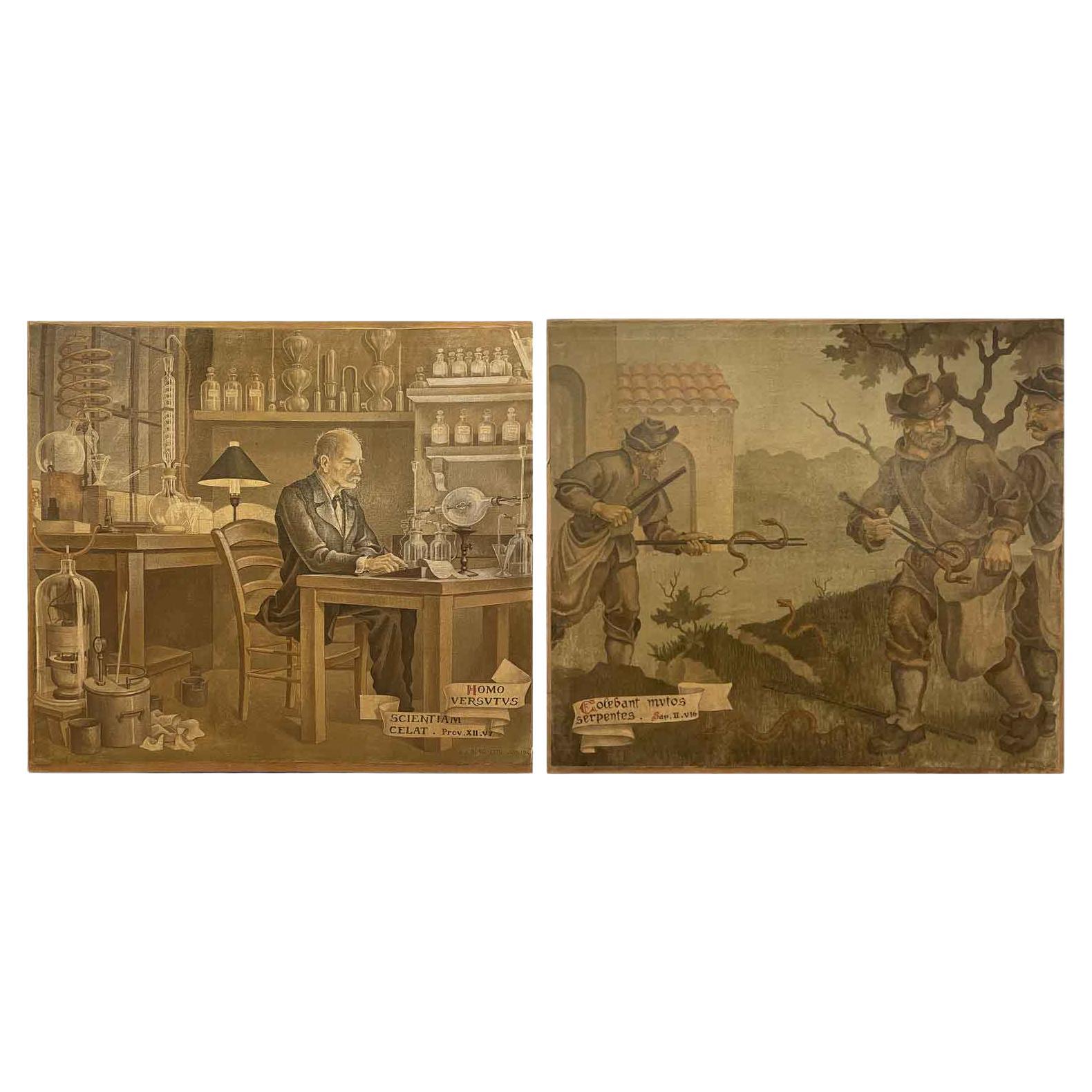 Pareja de grandes cuadros franceses que representan a un farmacéutico y a cazadores de serpientes Fechados en 1945