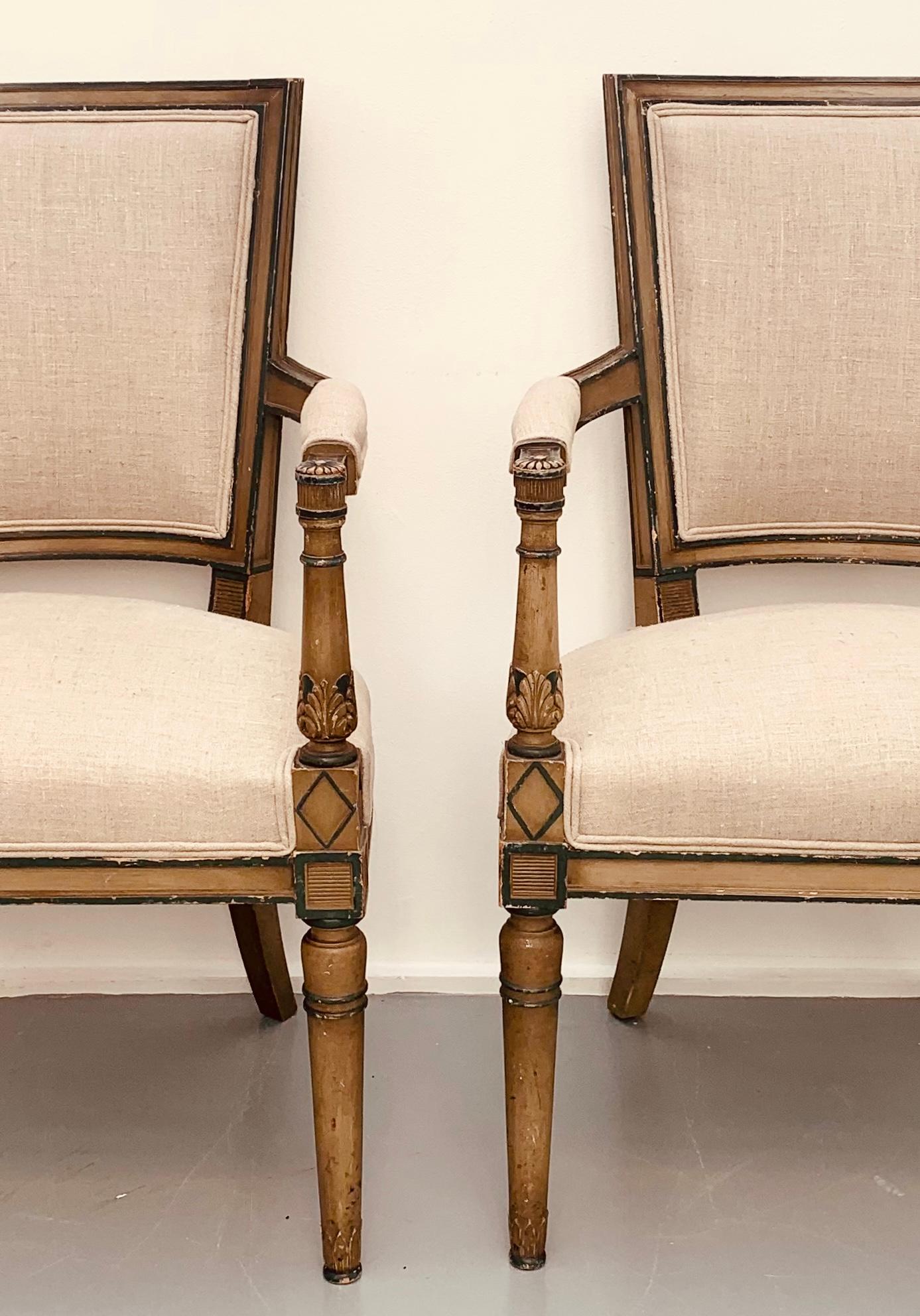 Pair of French Late 18th Century Carved & Original Painted Directoire Armchairs In Good Condition For Sale In London, GB
