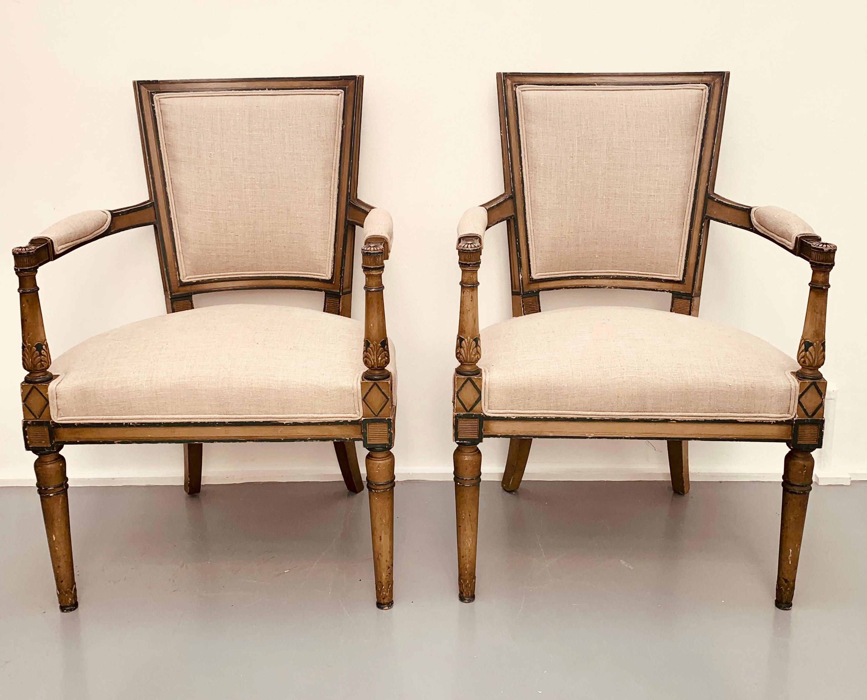 Linen Pair of French Late 18th Century Carved & Original Painted Directoire Armchairs For Sale