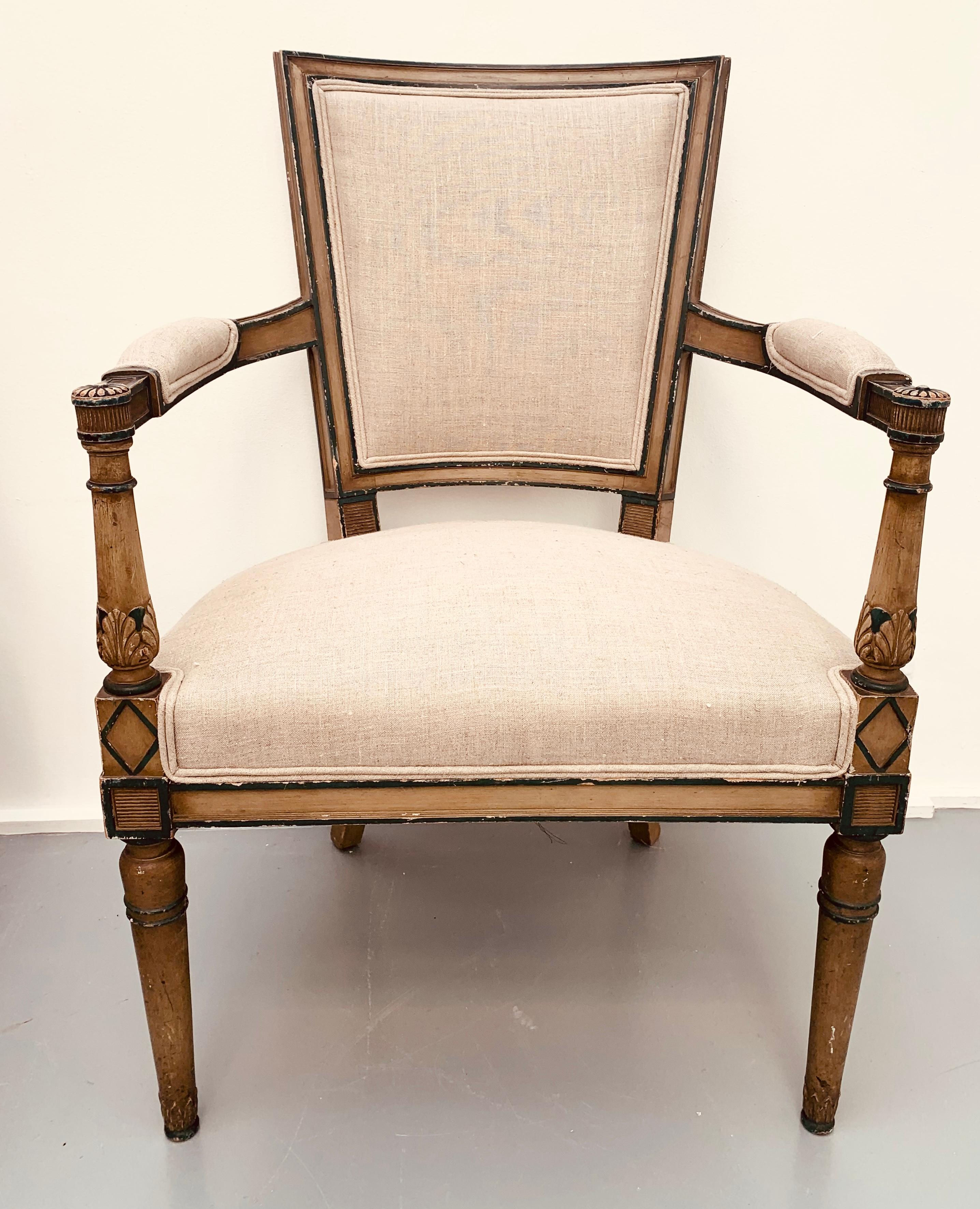 Pair of French Late 18th Century Carved & Original Painted Directoire Armchairs For Sale 2