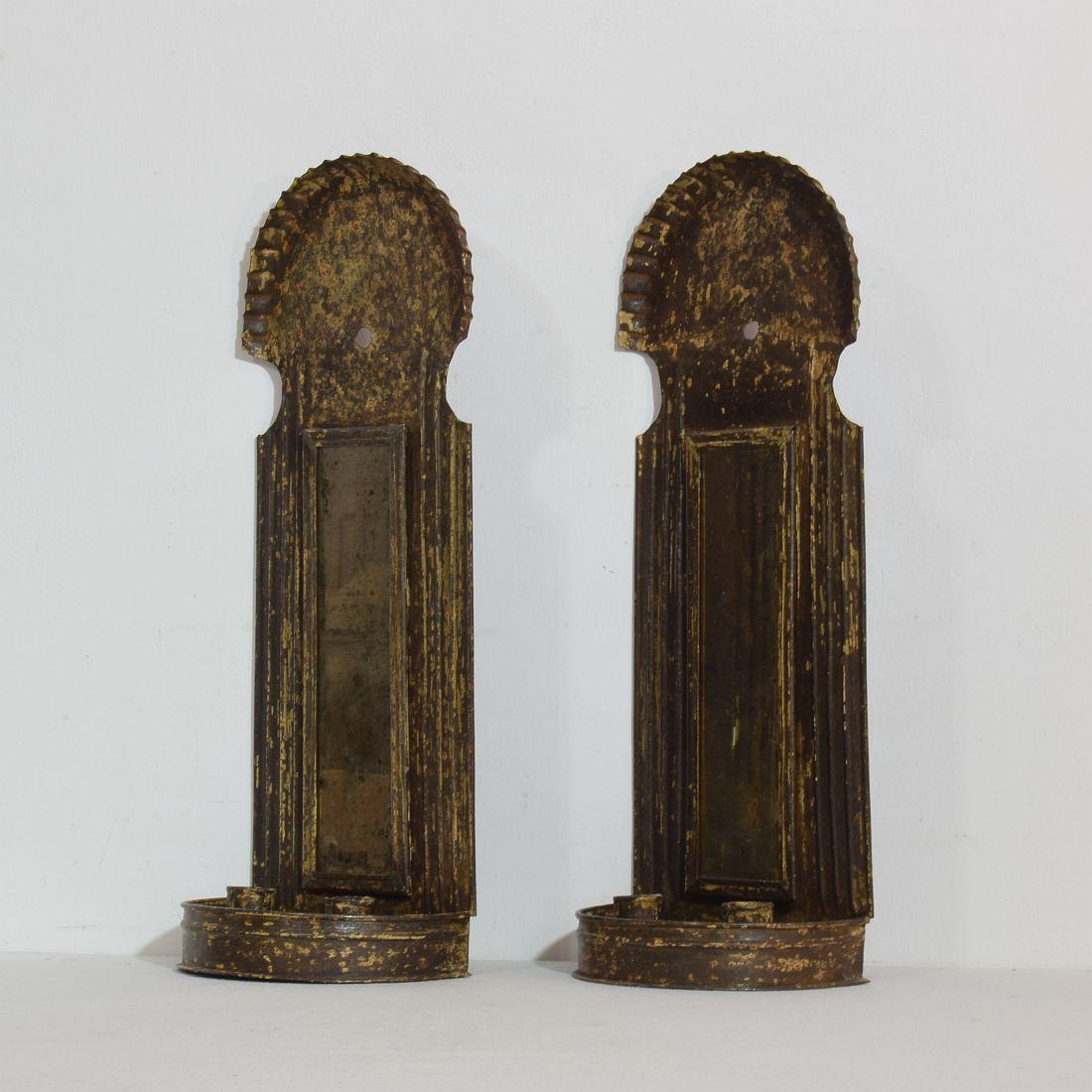 Primitive Pair of French, Late 18th Century Iron Wall Candleholders with Mirrors