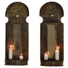 Antique Pair of French, Late 18th Century Iron Wall Candleholders with Mirrors