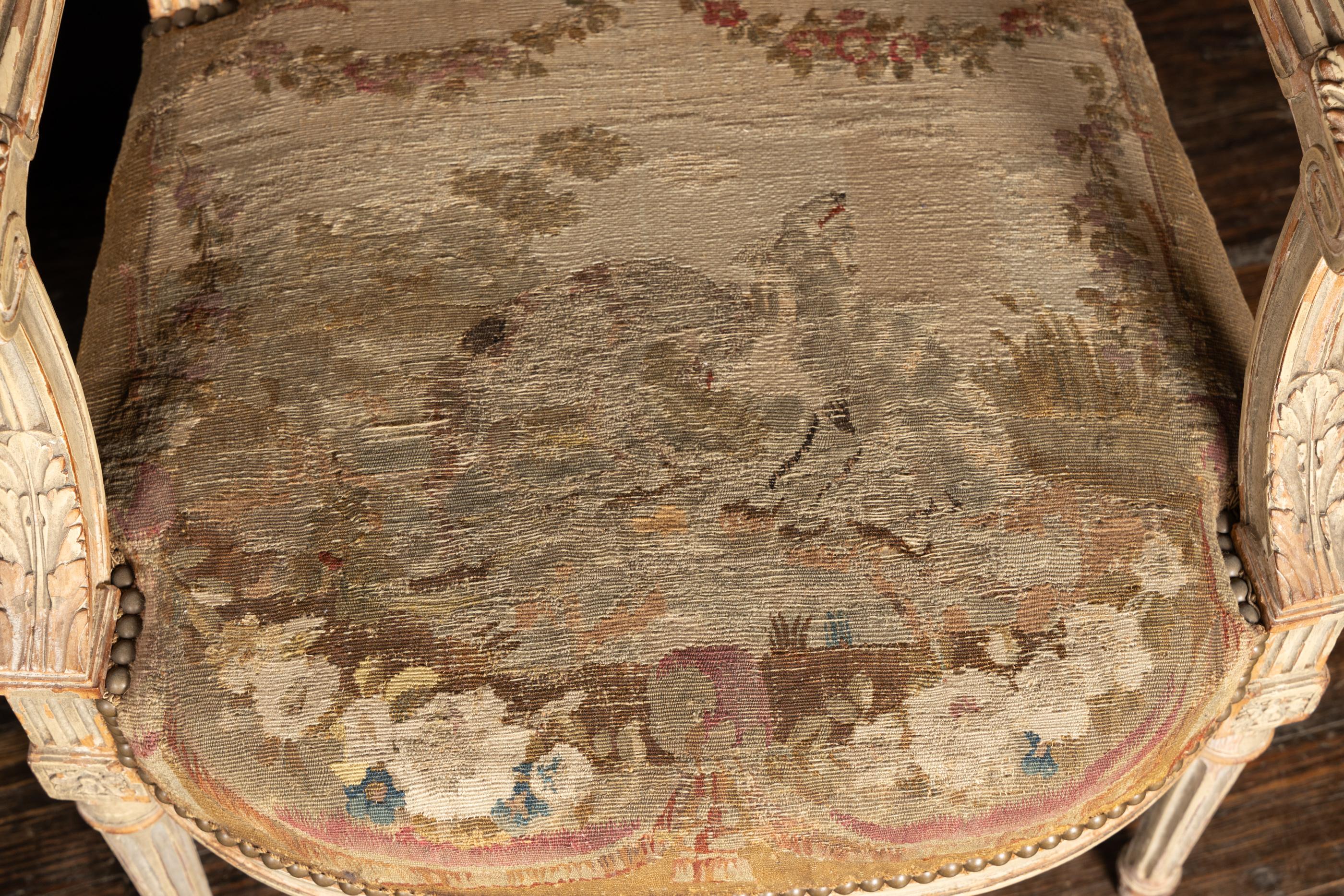 Pair of  French Late 18th Century Louis XVI Carved, Painted Fauteuil Armchairs 6