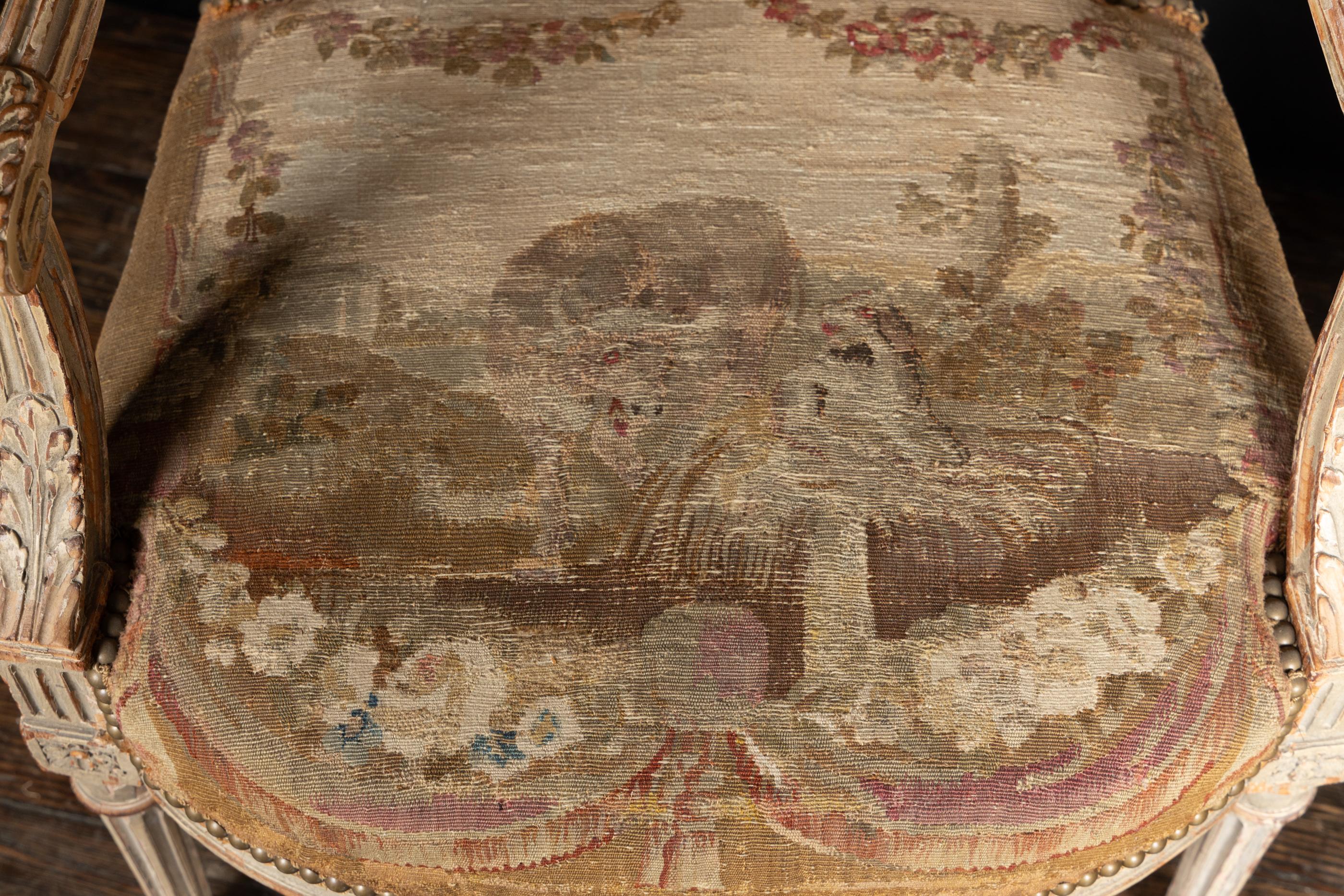 Pair of  French Late 18th Century Louis XVI Carved, Painted Fauteuil Armchairs 7